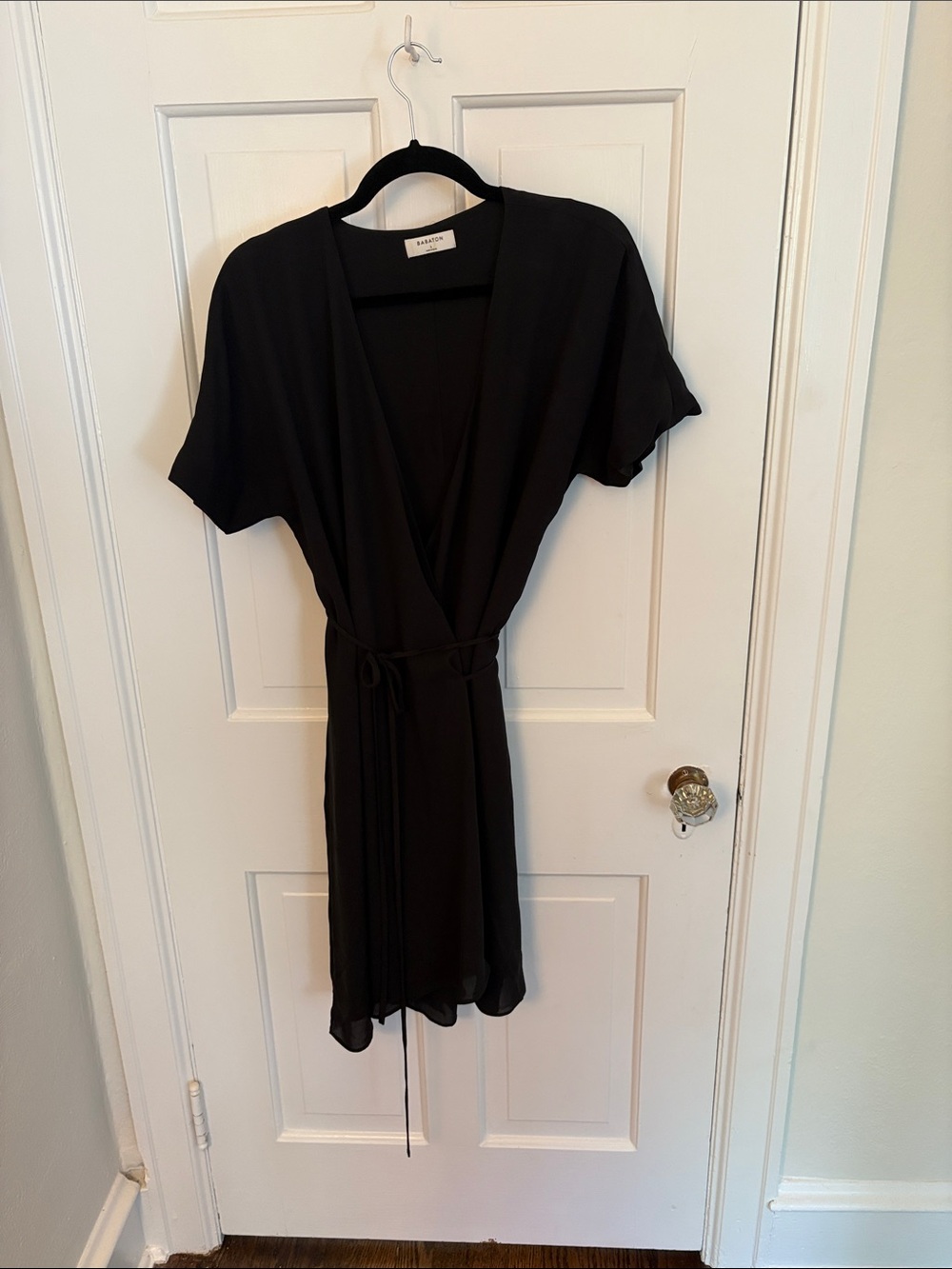 Babaton Black Wrap Dress with V-Neck and Waist Tie
